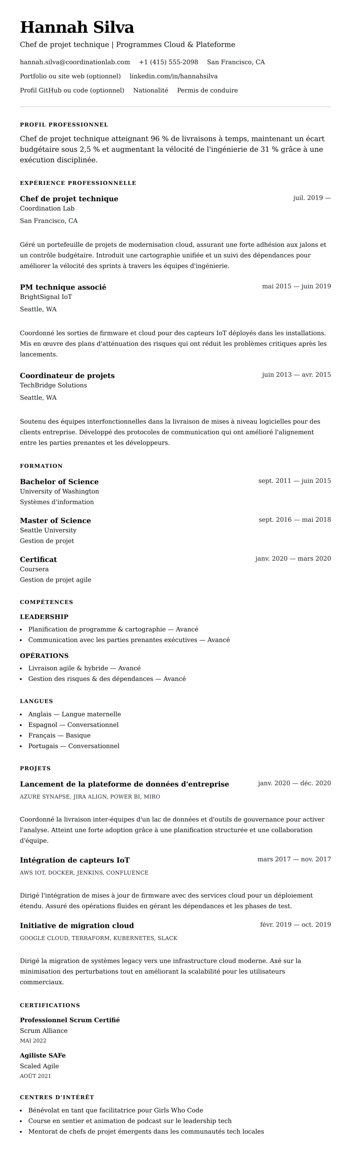 Aperçu du CV Exemple de CV de Chef de projet technique