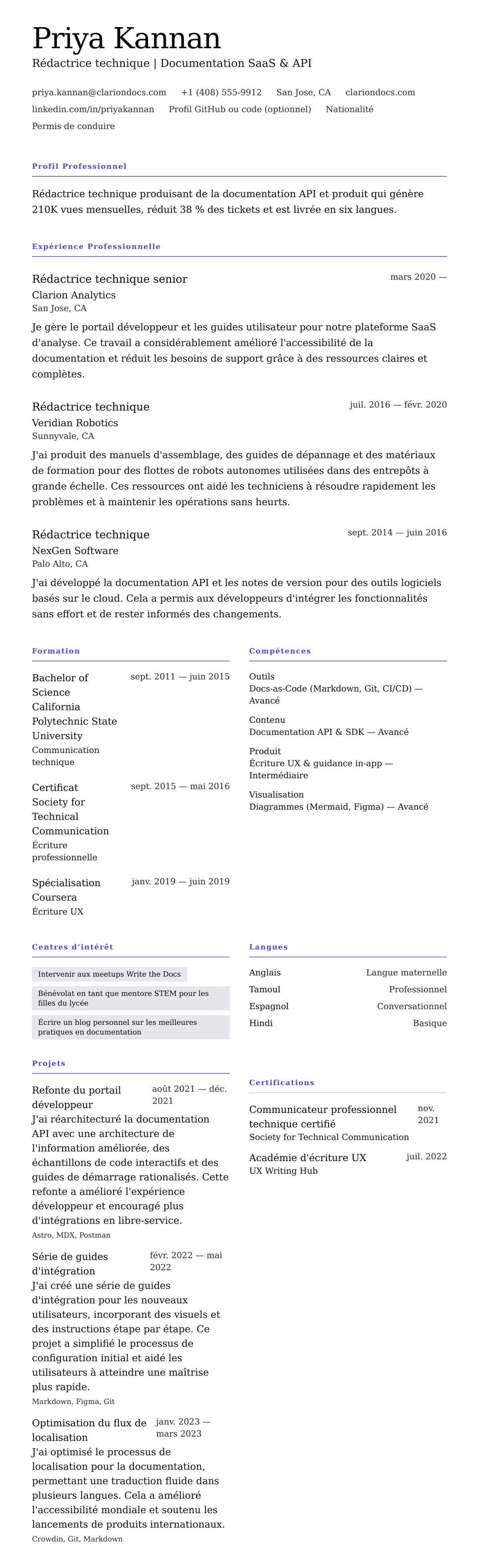 Aperçu du CV Exemple de CV de rédacteur technique