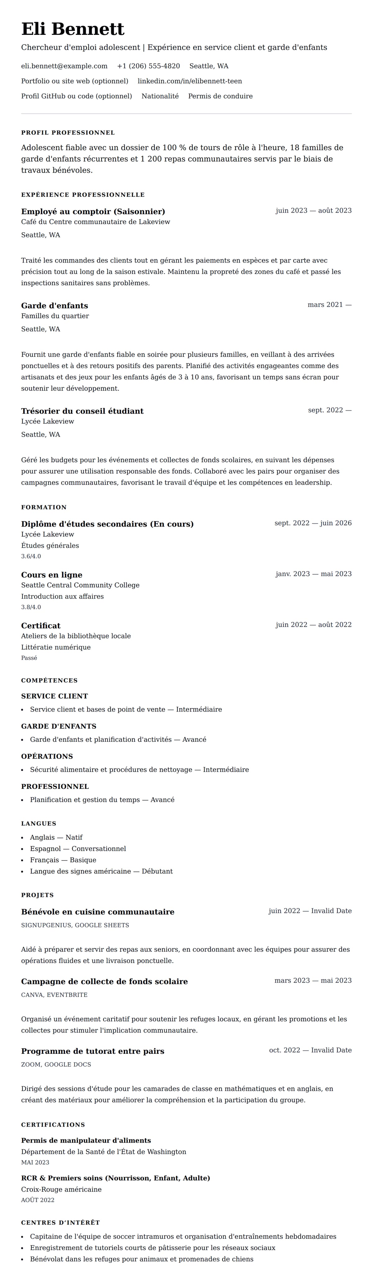Aperçu du CV Exemple de CV pour chercheur d'emploi adolescent