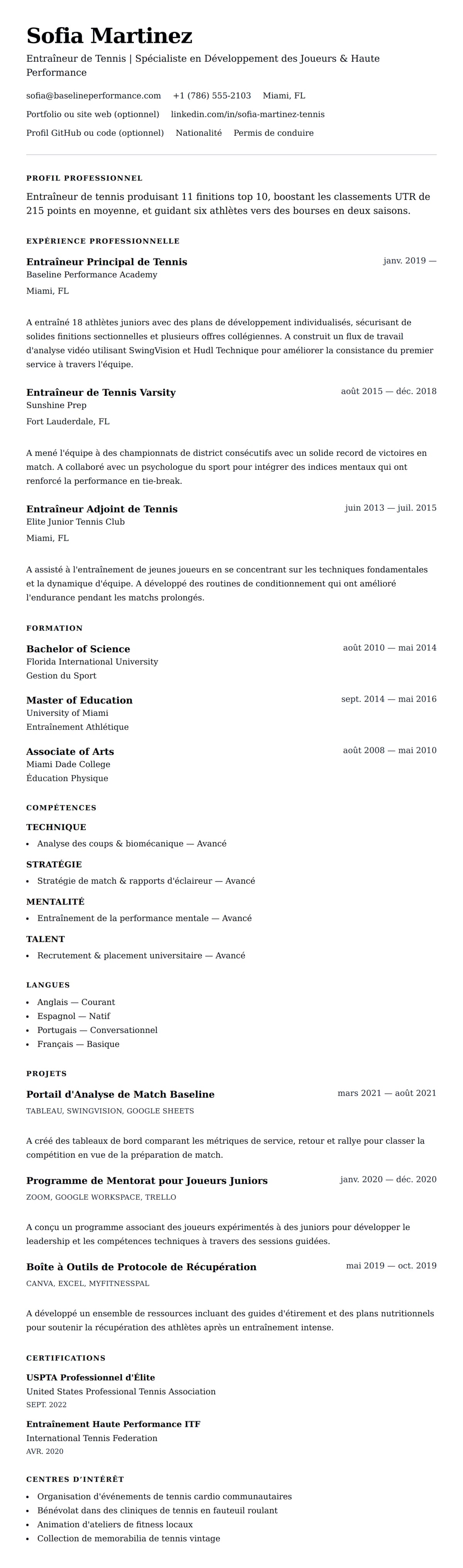 Aperçu du CV Exemple de CV d'Entraîneur de Tennis