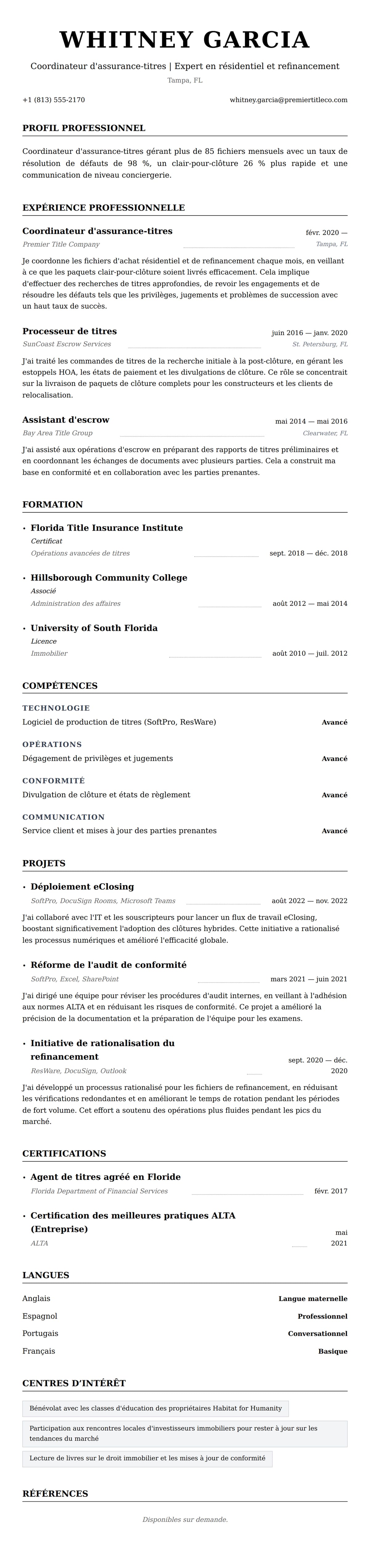 Aperçu du CV Exemple de CV de Coordinateur d'assurance-titres