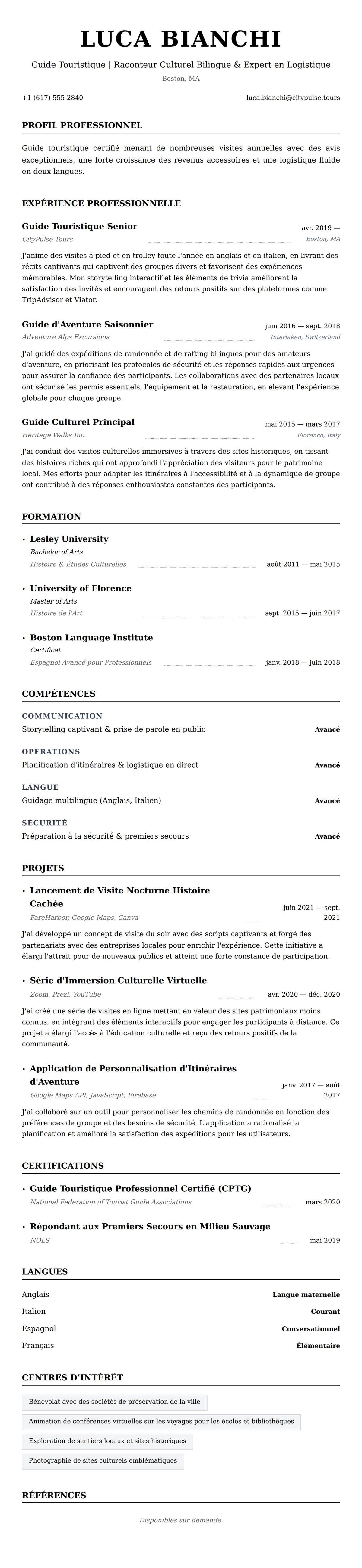 Aperçu du CV Exemple de CV de Guide Touristique