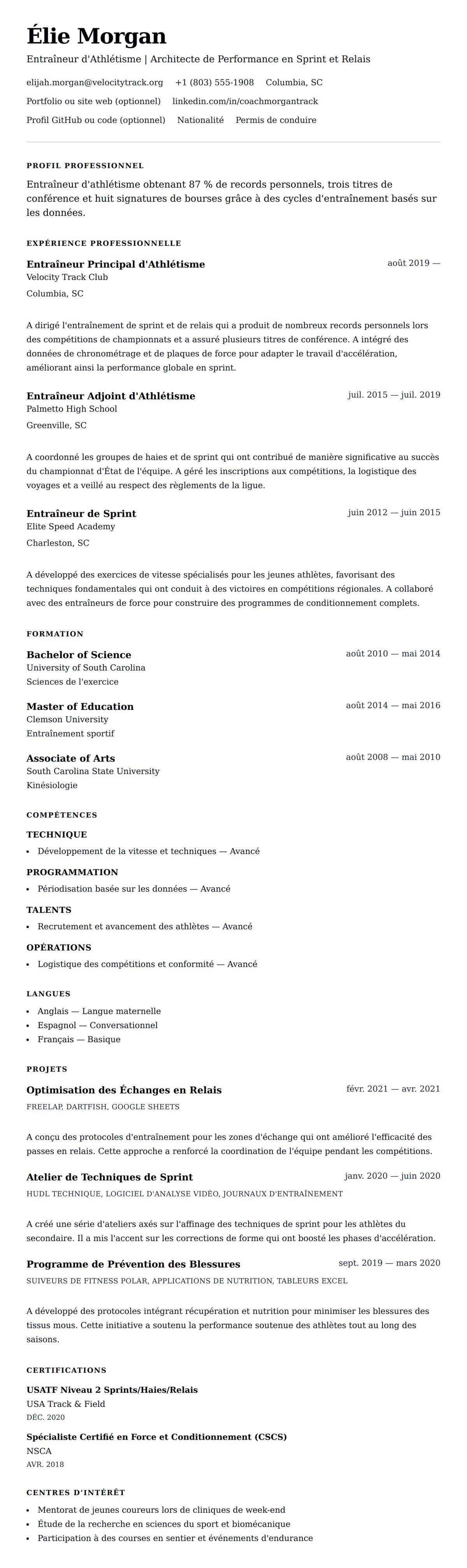 Aperçu du CV Exemple de CV d'Entraîneur d'Athlétisme