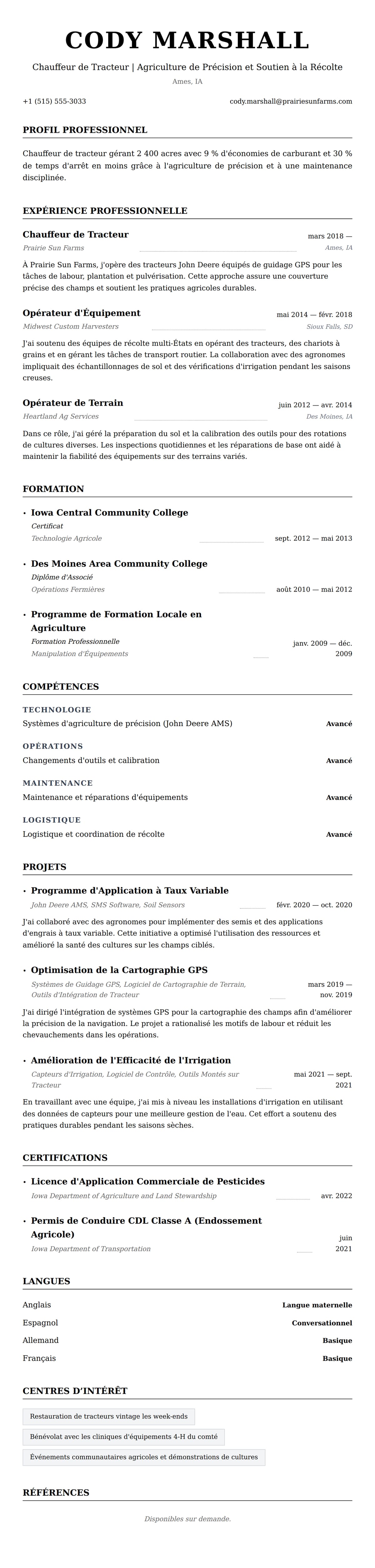 Aperçu du CV Exemple de CV de Chauffeur de Tracteur