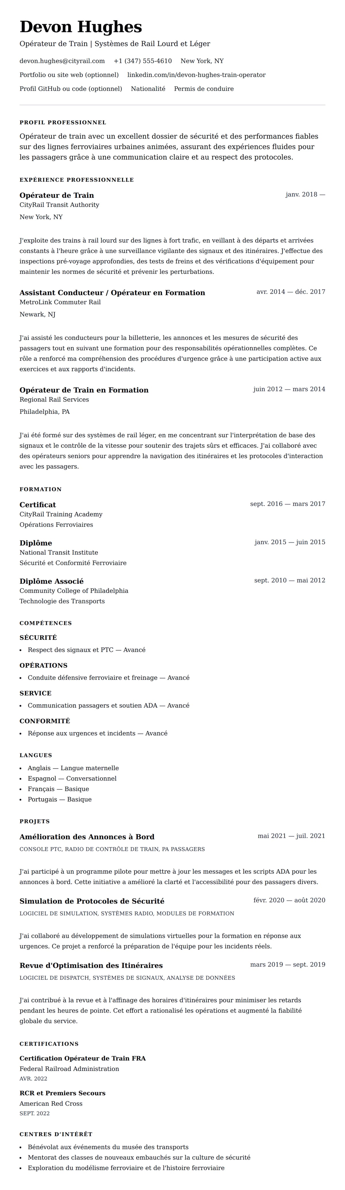 Aperçu du CV Exemple de CV d'Opérateur de Train