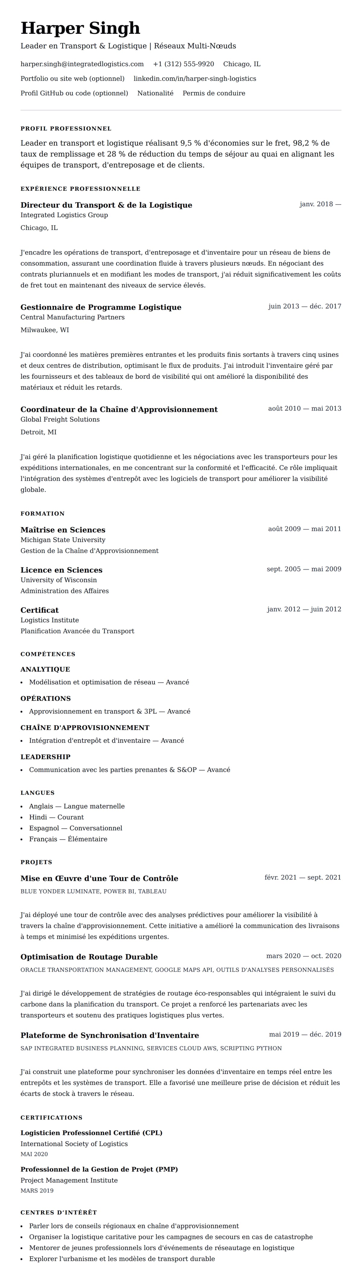 Aperçu du CV Exemple de CV pour un Professionnel du Transport et de la Logistique
