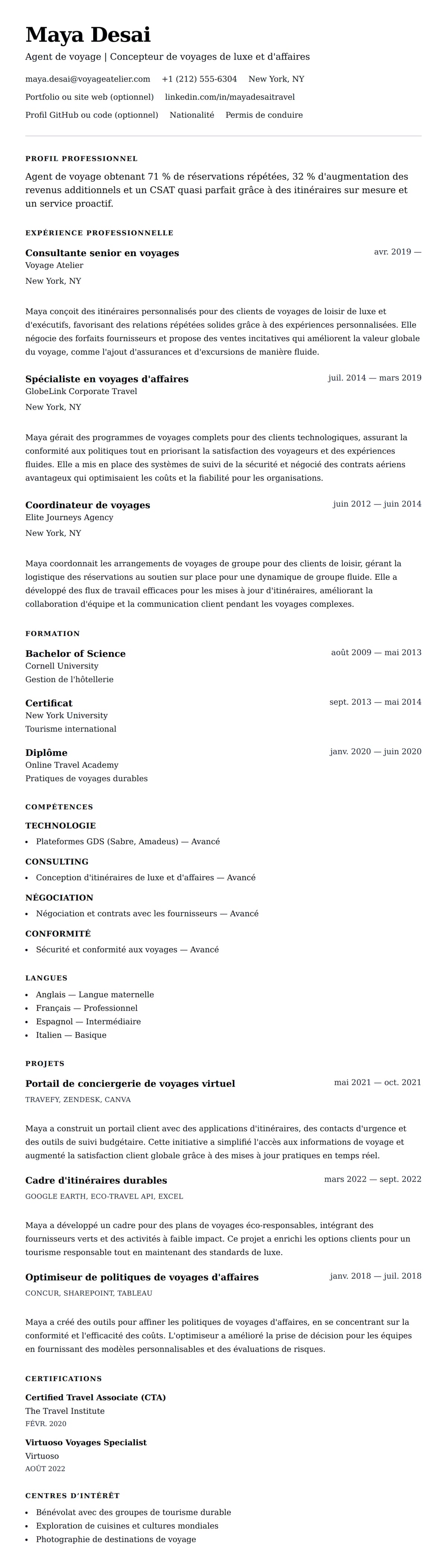 Aperçu du CV Exemple de CV d'Agent de Voyage