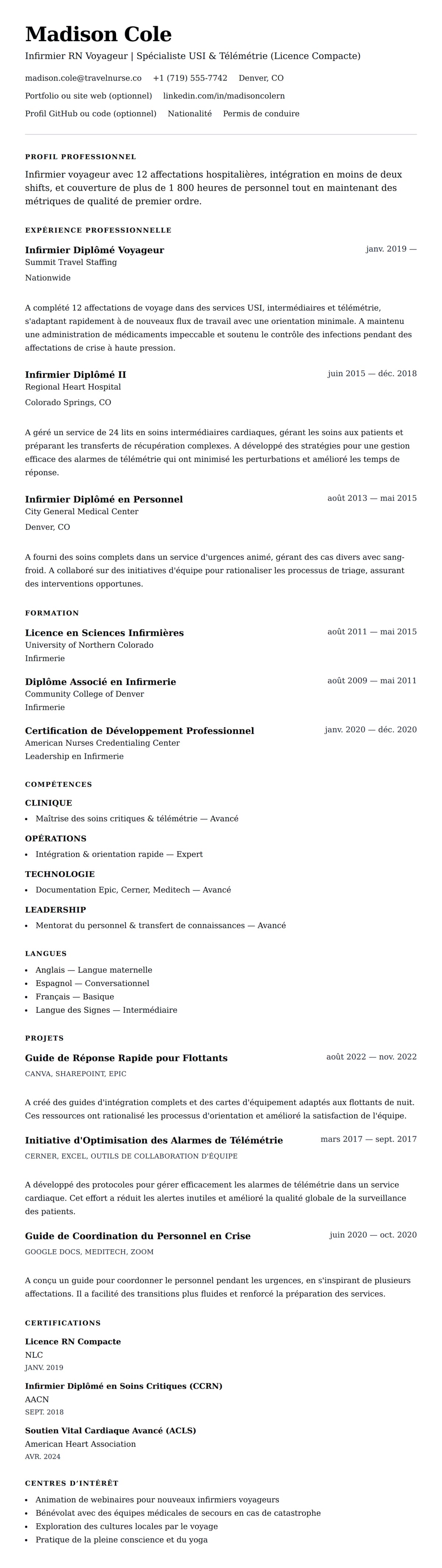 Aperçu du CV Exemple de CV d'Infirmier Voyageur