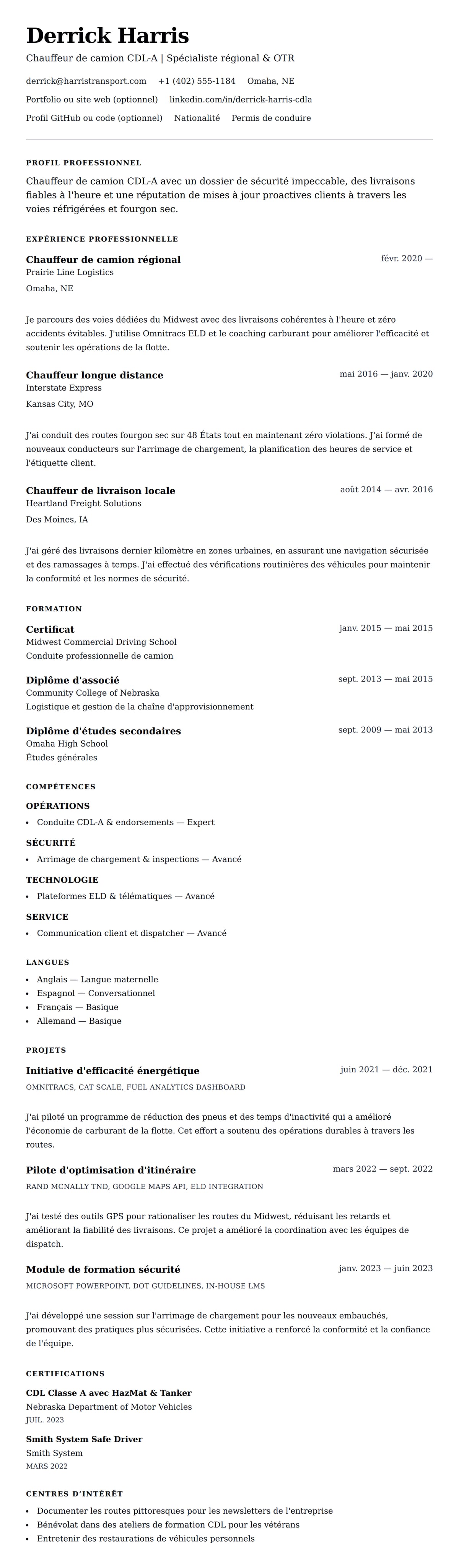 Aperçu du CV Exemple de CV pour chauffeur de camion