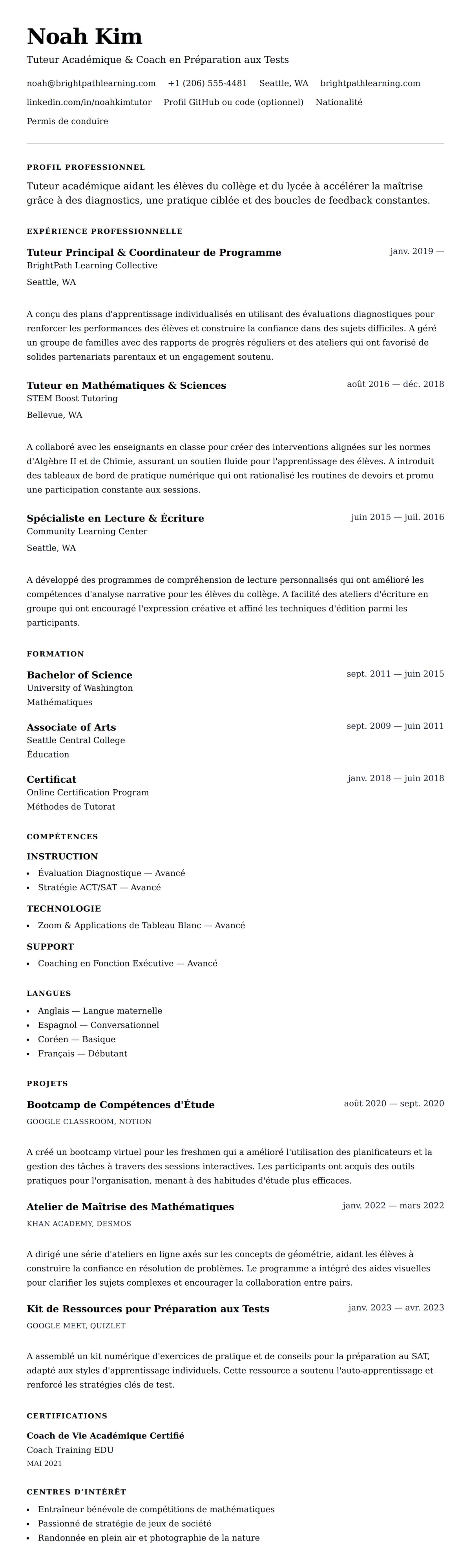 Aperçu du CV Exemple de CV de Tuteur