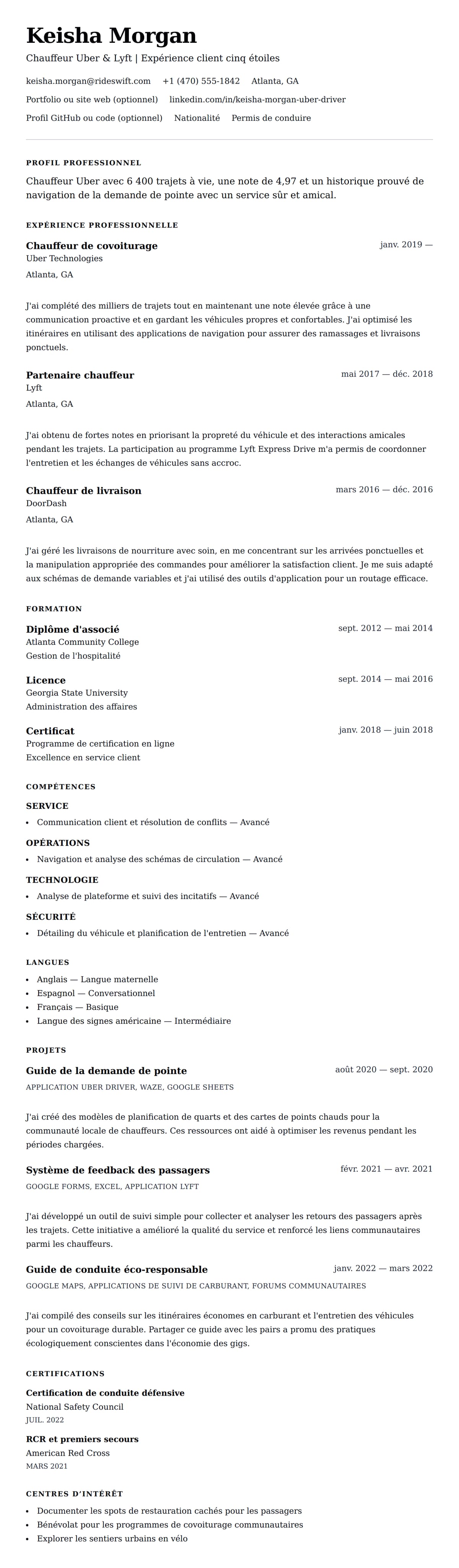 Aperçu du CV Exemple de CV pour Chauffeur Uber