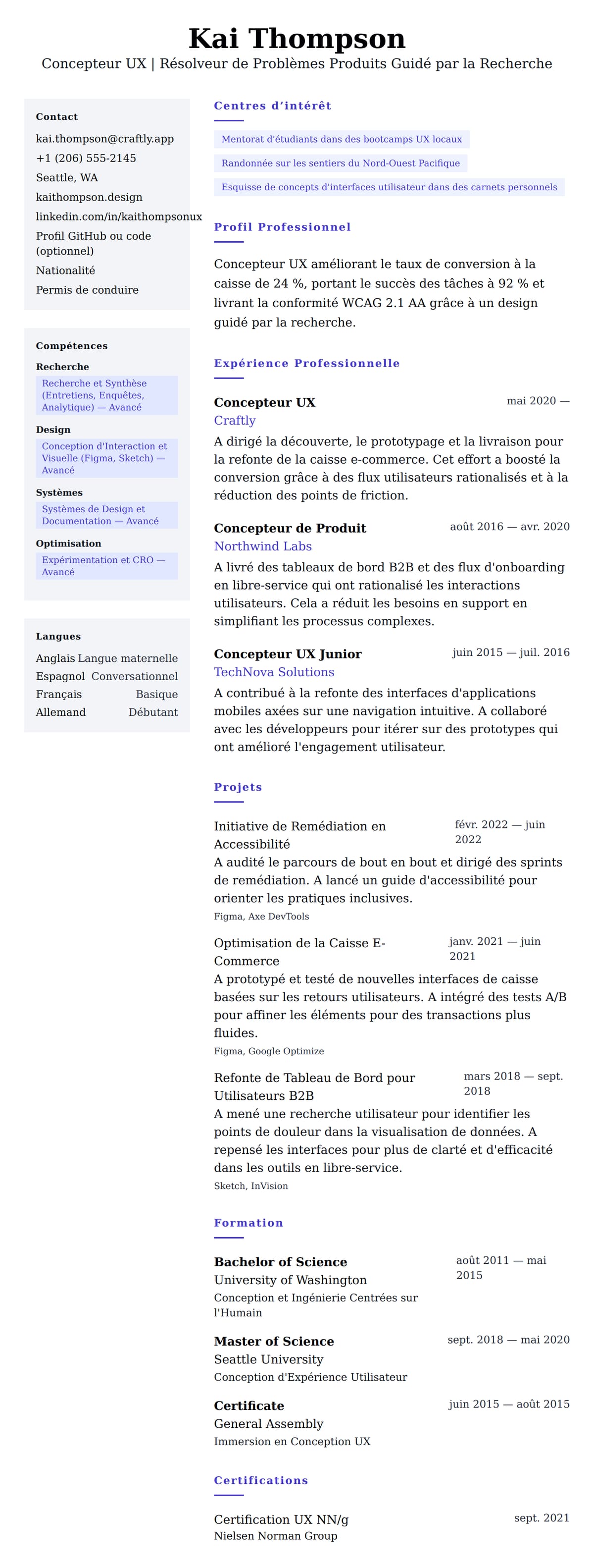 Aperçu du CV Exemple de CV de Concepteur UX
