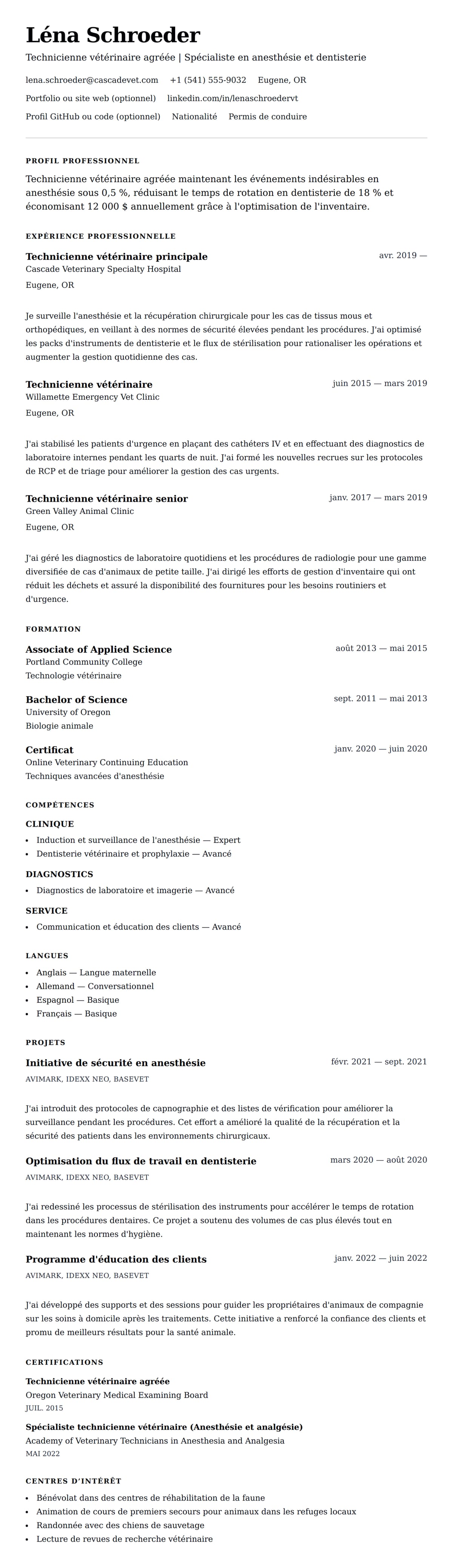Aperçu du CV Exemple de CV de Technicienne vétérinaire