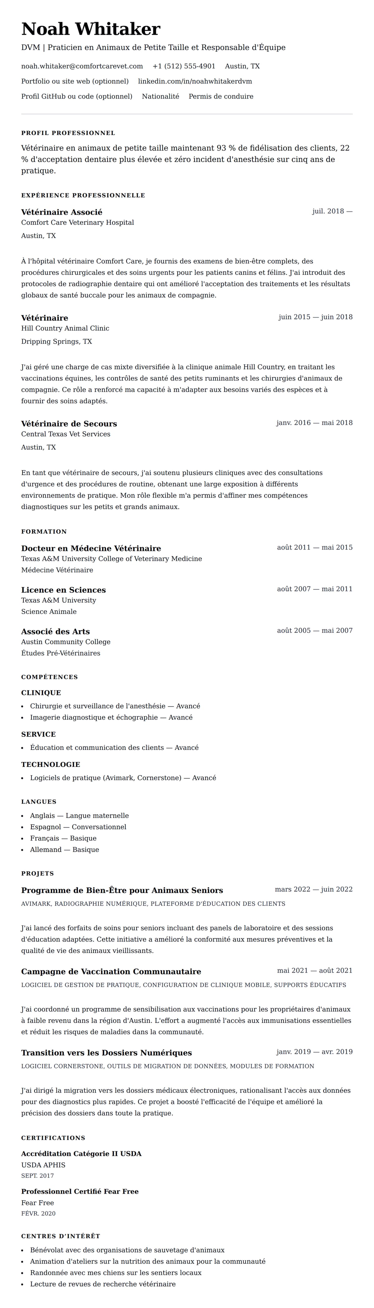 Aperçu du CV Exemple de CV de Vétérinaire