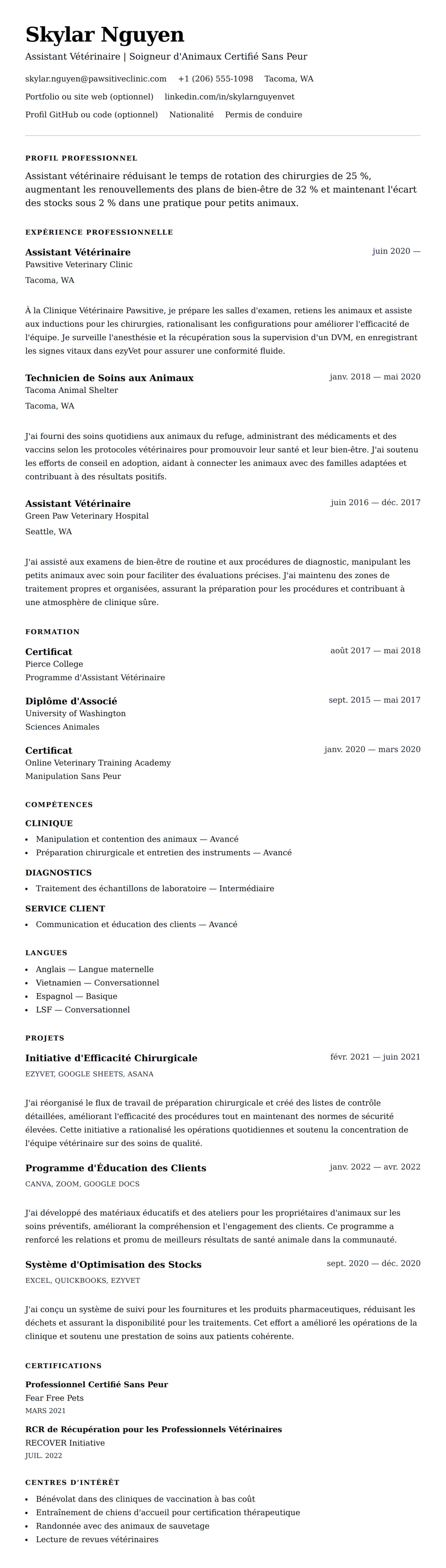 Aperçu du CV Exemple de CV d'Assistant Vétérinaire