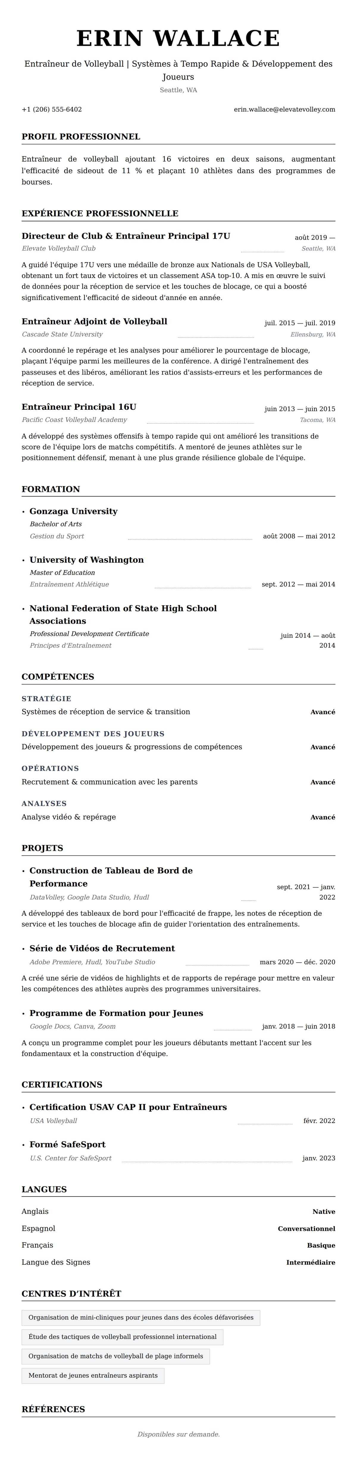 Aperçu du CV Exemple de CV d'Entraîneur de Volleyball
