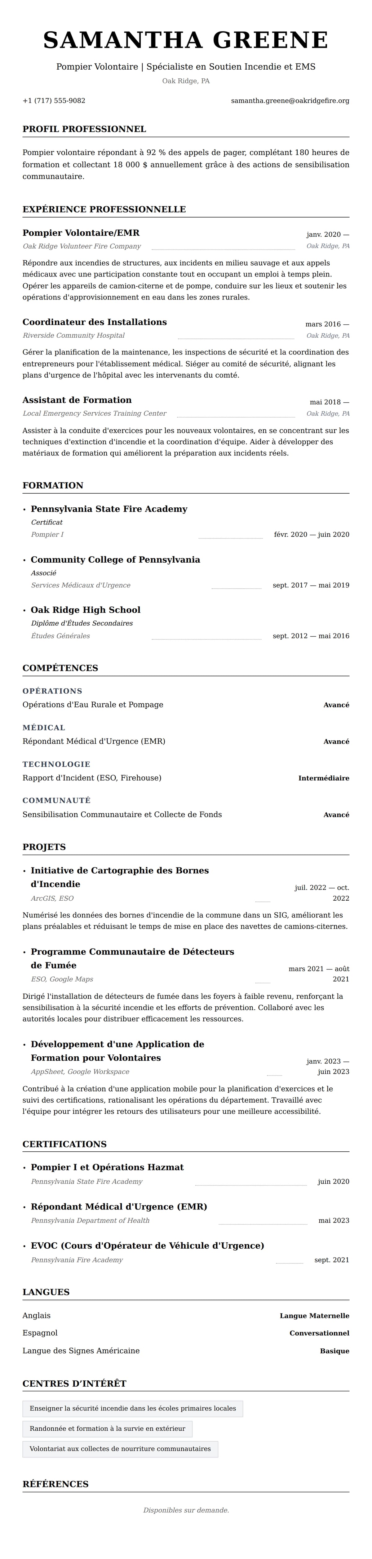 Aperçu du CV Exemple de CV de Pompier Volontaire