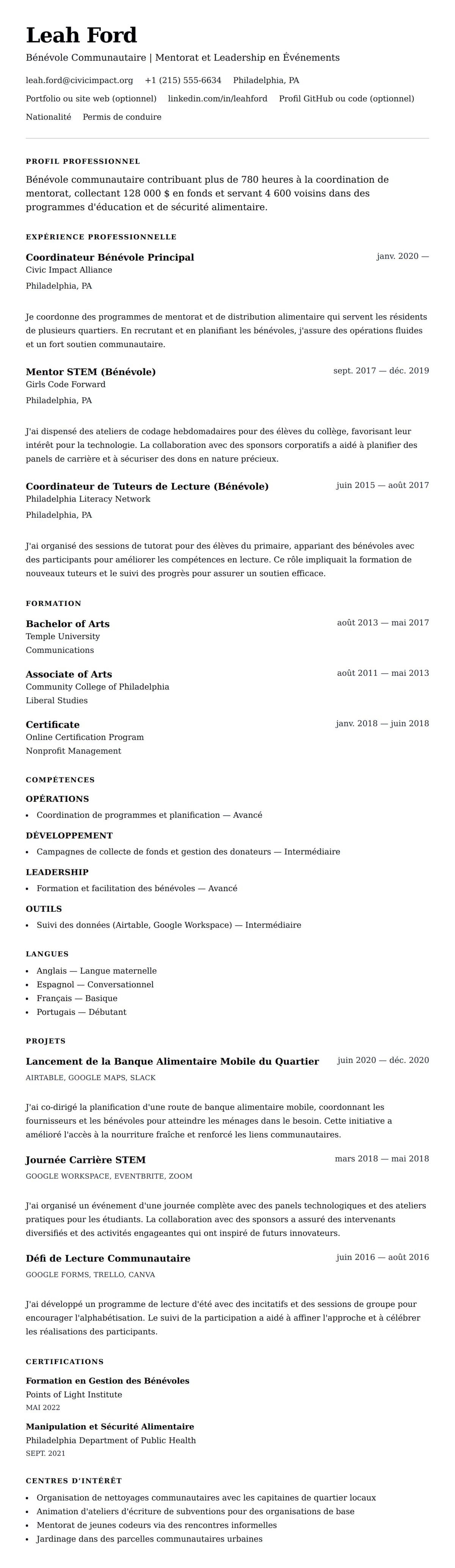 Aperçu du CV Exemple de CV Bénévolat