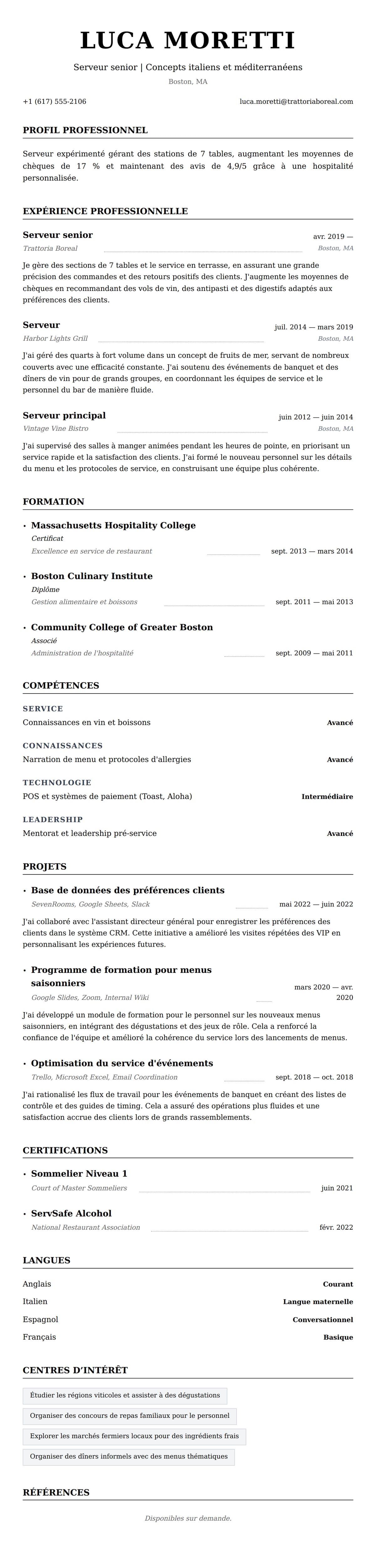 Aperçu du CV Exemple de CV de Serveur