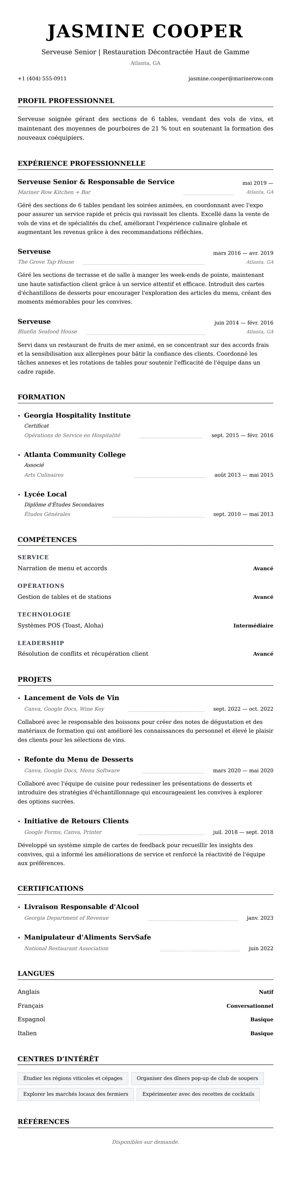 Aperçu du CV Exemple de CV de Serveuse