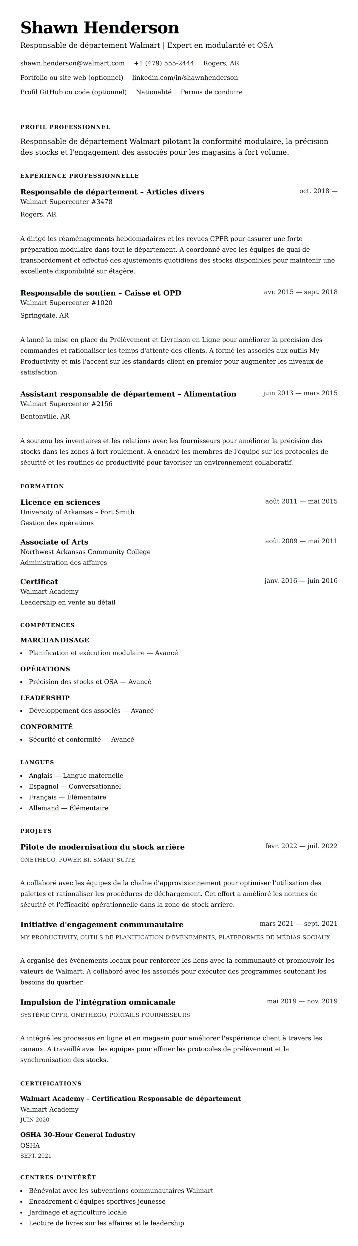 Aperçu du CV Exemple de CV pour responsable de département Walmart