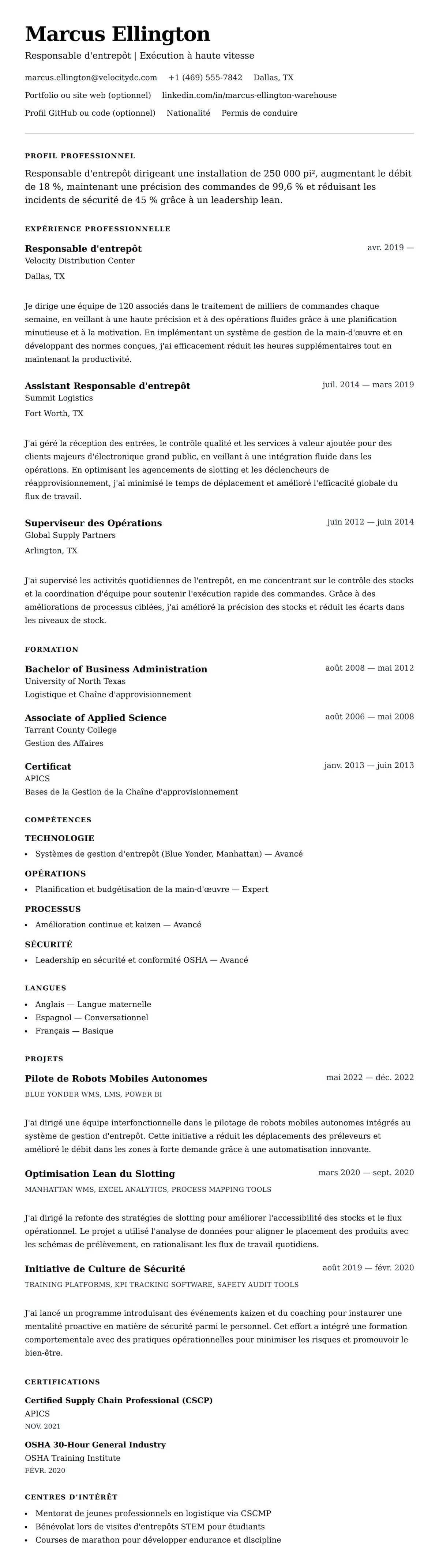 Aperçu du CV Exemple de CV de Responsable d'entrepôt