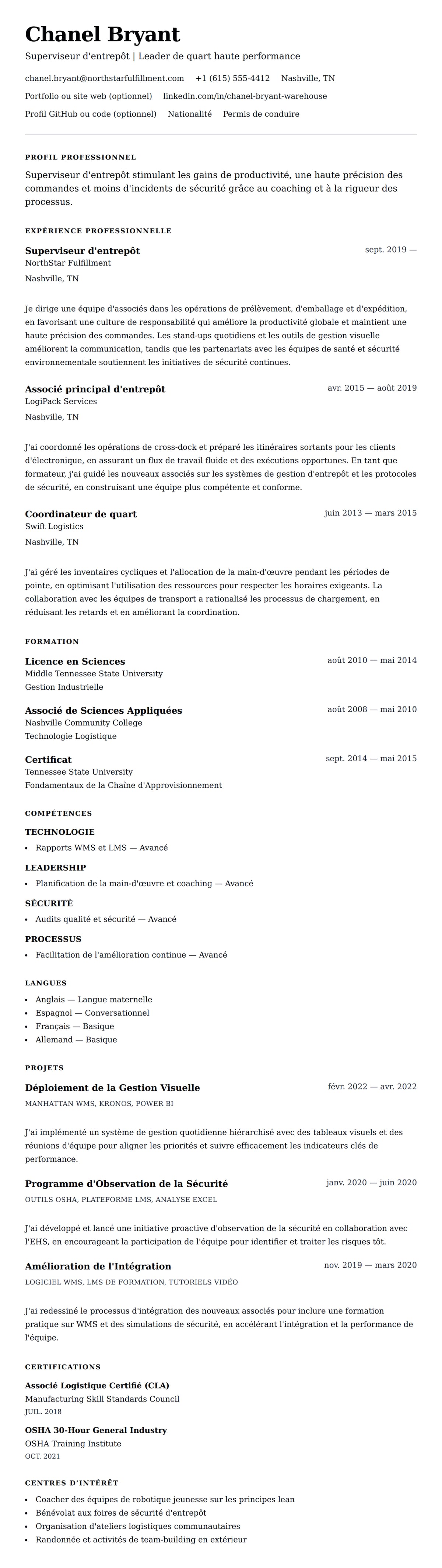 Aperçu du CV Exemple de CV de Superviseur d'entrepôt