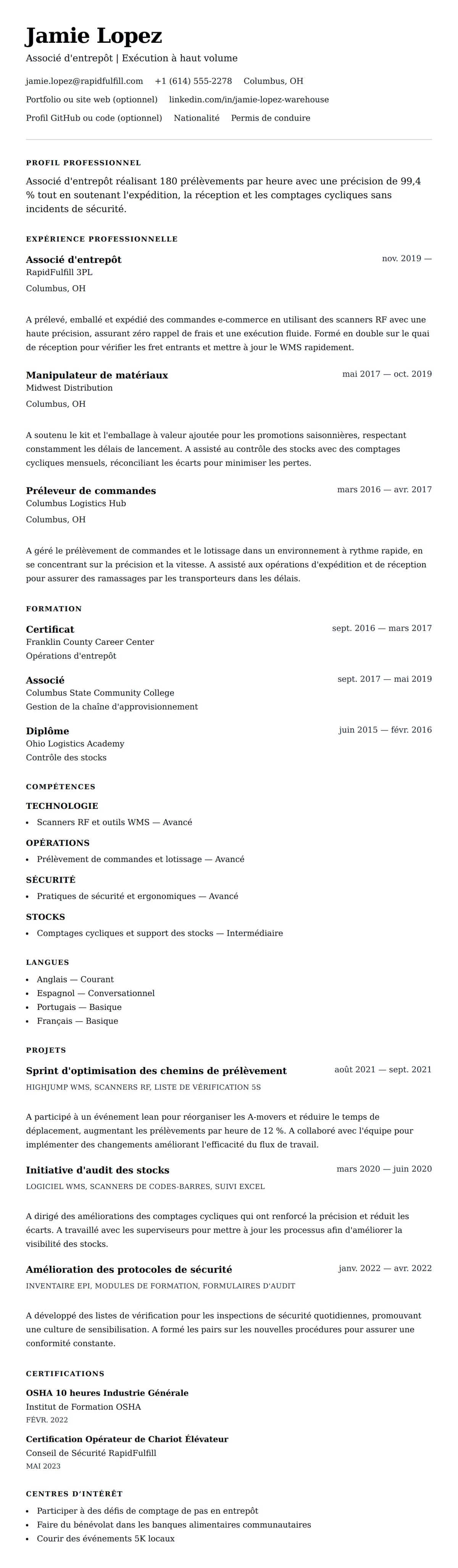 Aperçu du CV Exemple de CV d'ouvrier d'entrepôt