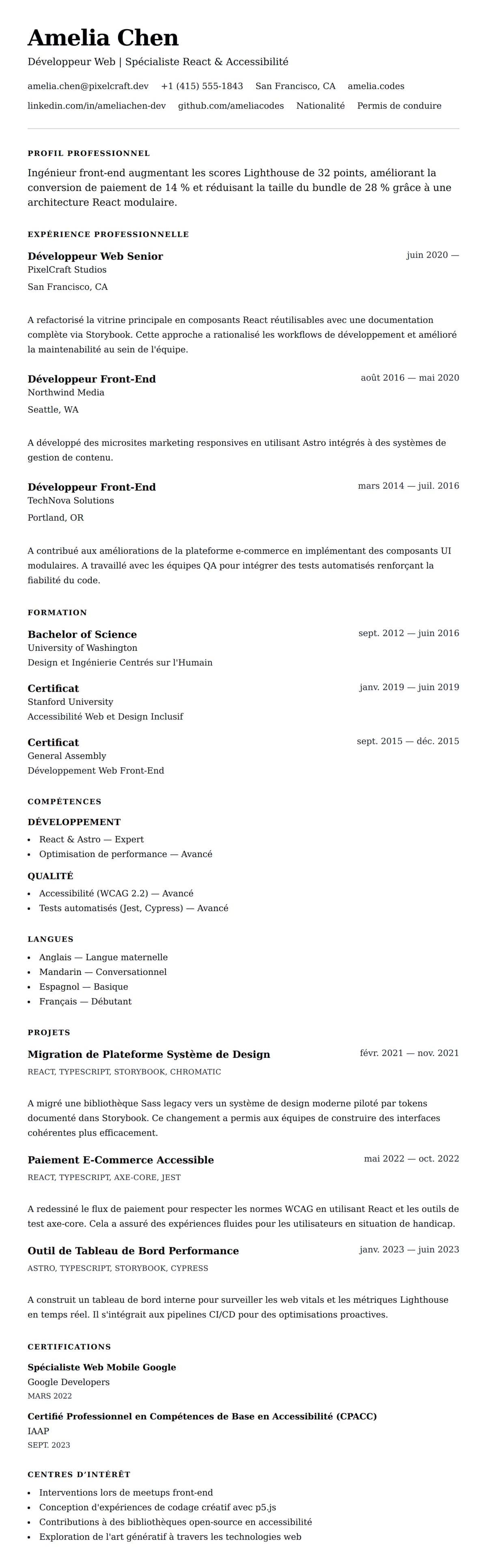 Aperçu du CV Exemple de CV Développeur Web