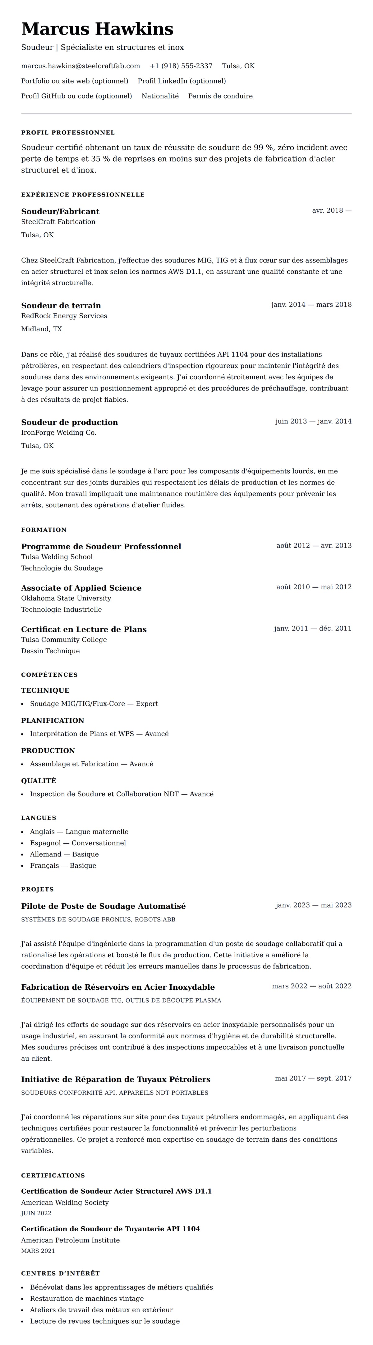 Aperçu du CV Exemple de CV de Soudeur