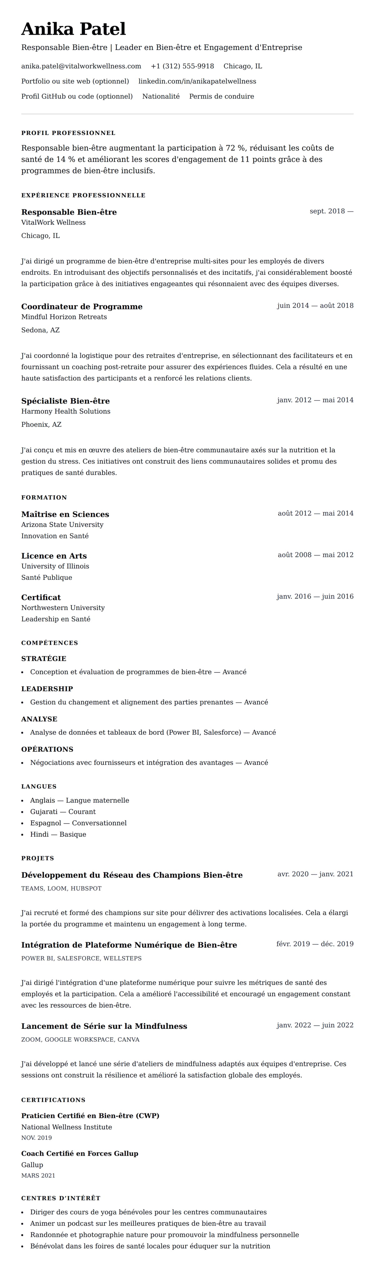 Aperçu du CV Exemple de CV de Responsable Bien-être