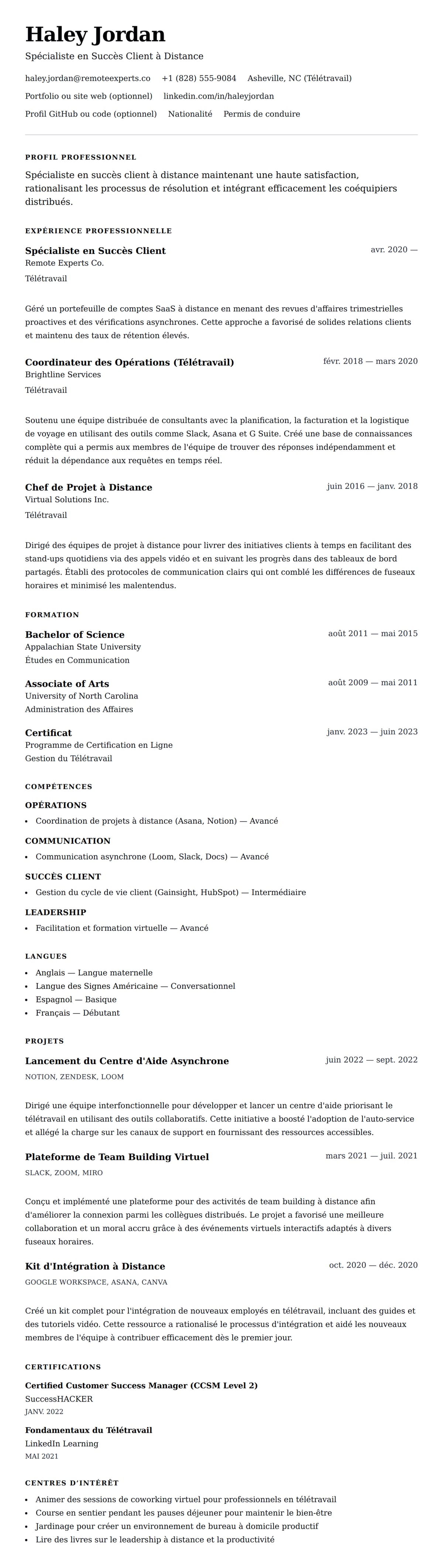 Aperçu du CV Exemple de CV pour Professionnel en Télétravail