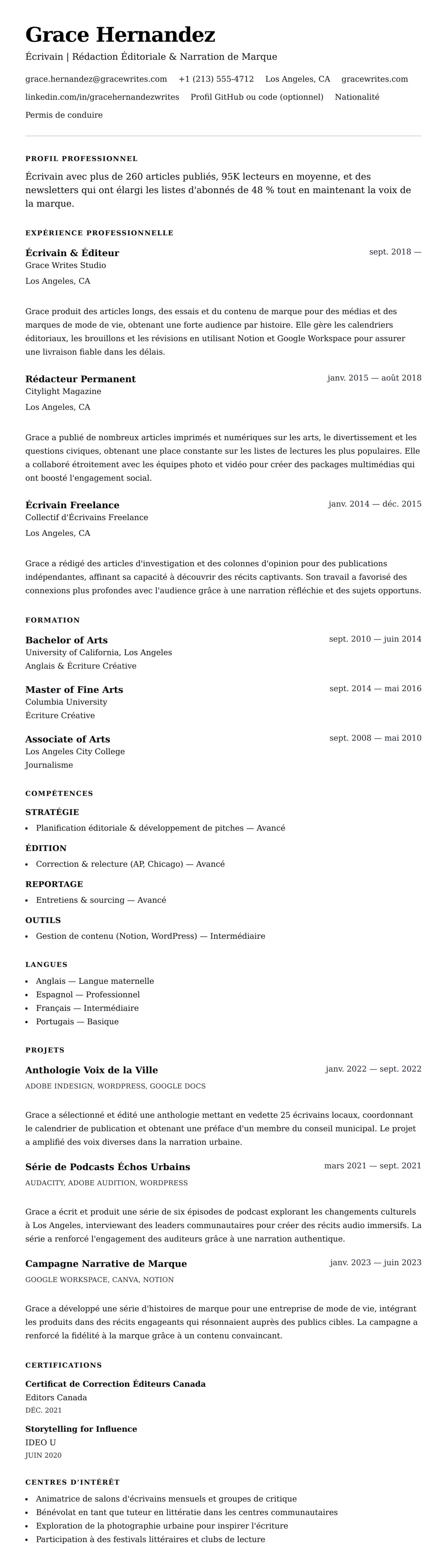 Aperçu du CV Exemple de CV d'Écrivain