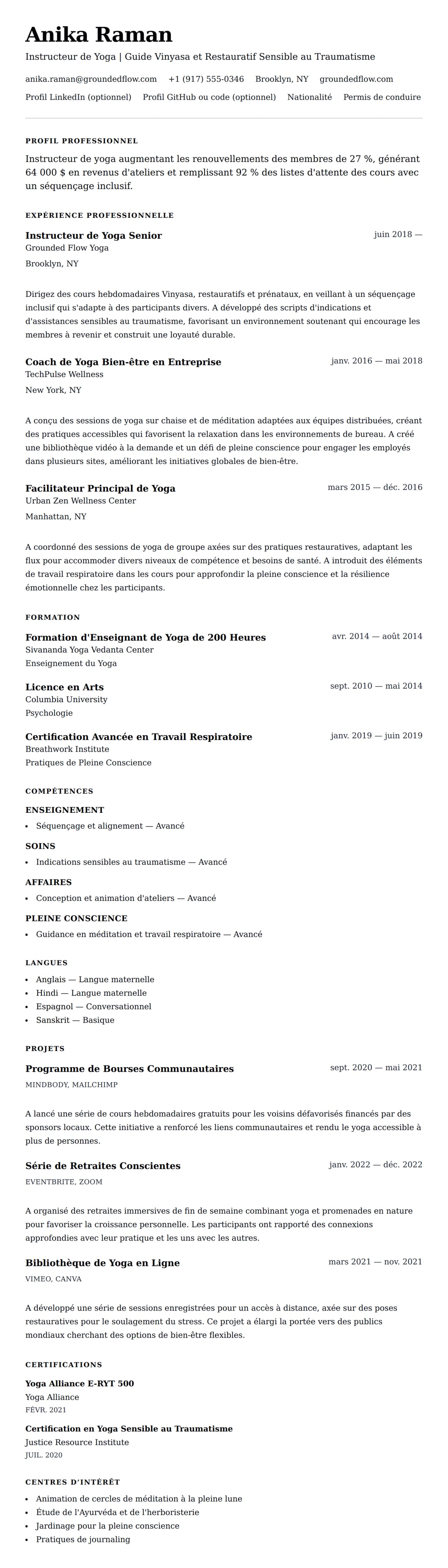 Aperçu du CV Exemple de CV d'Instructeur de Yoga