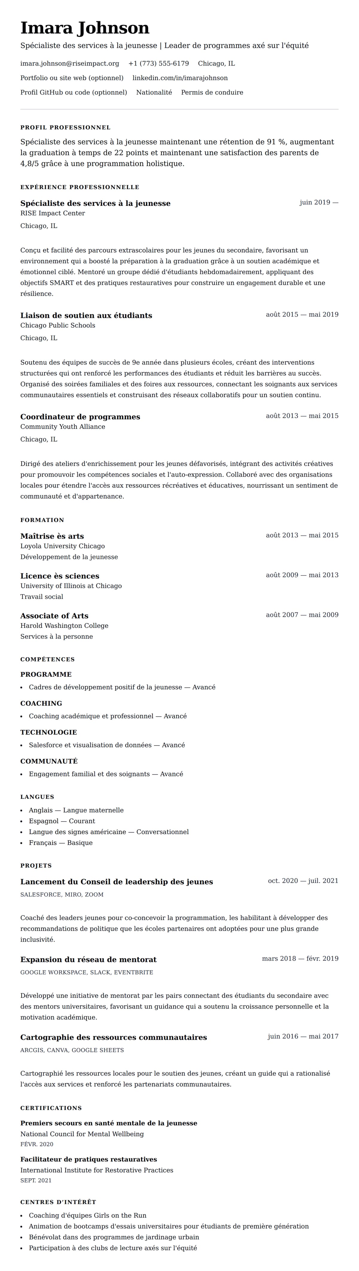 Aperçu du CV Exemple de CV de Spécialiste des services à la jeunesse