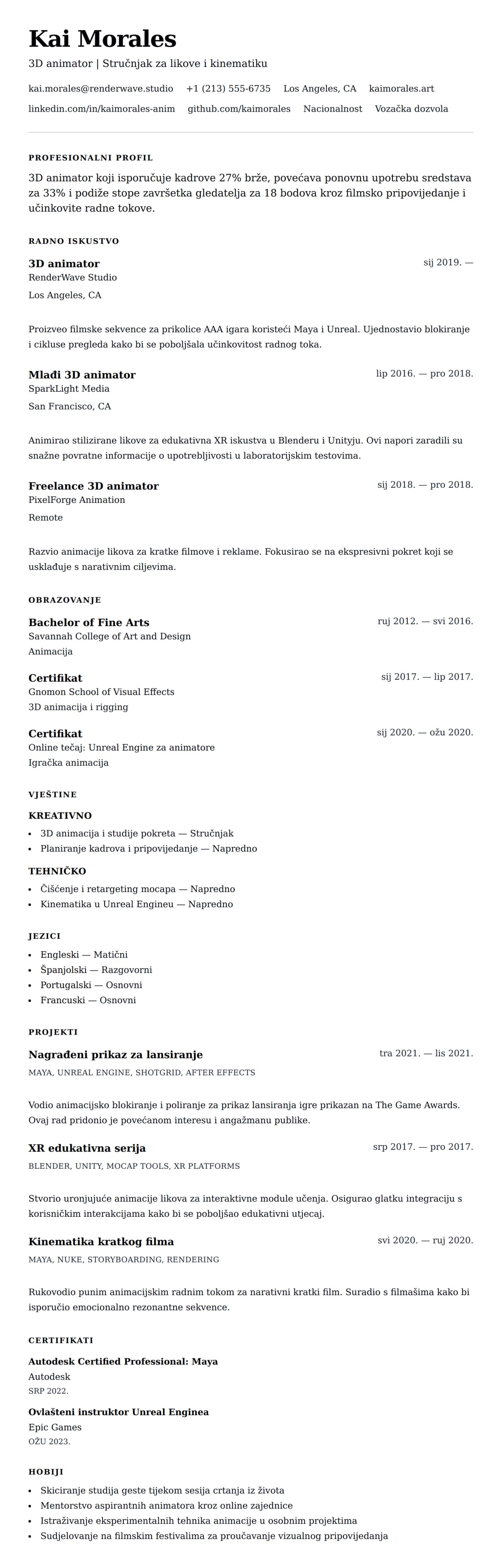 Pregled životopisa za Primjer životopisa 3D animatora