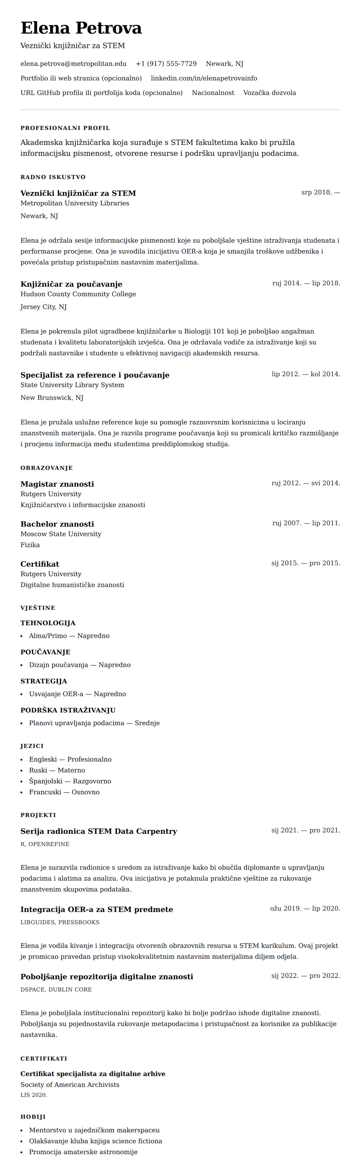 Pregled životopisa za Primjer životopisa akademskog knjižničara