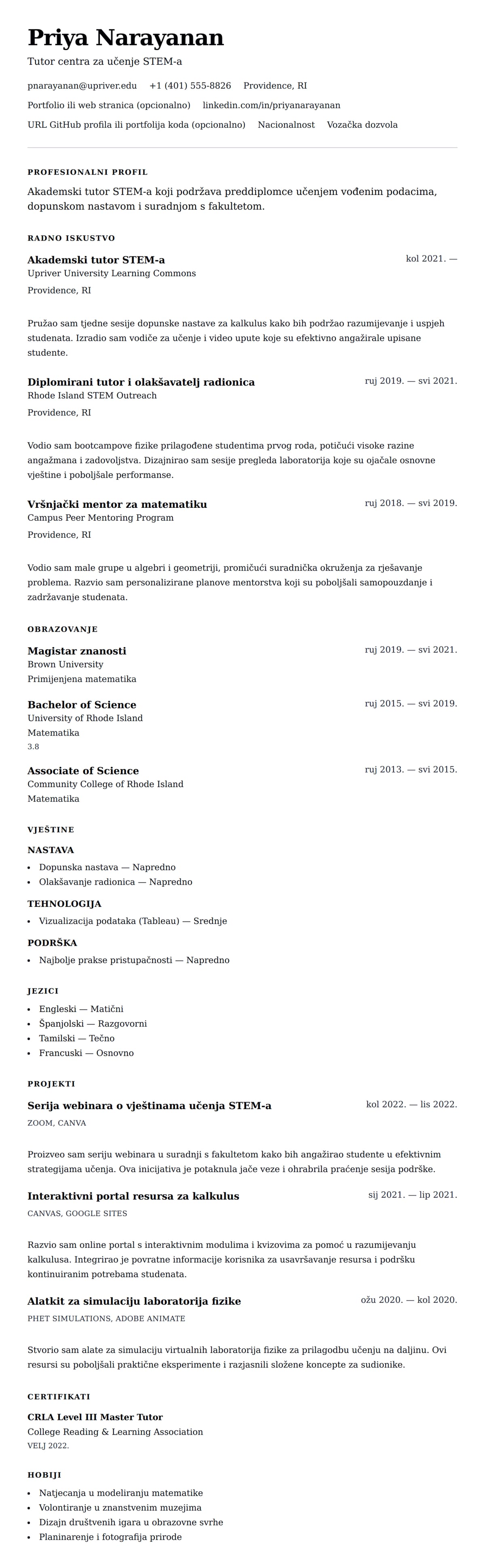 Pregled životopisa za Primjer rezimea akademskog tutora