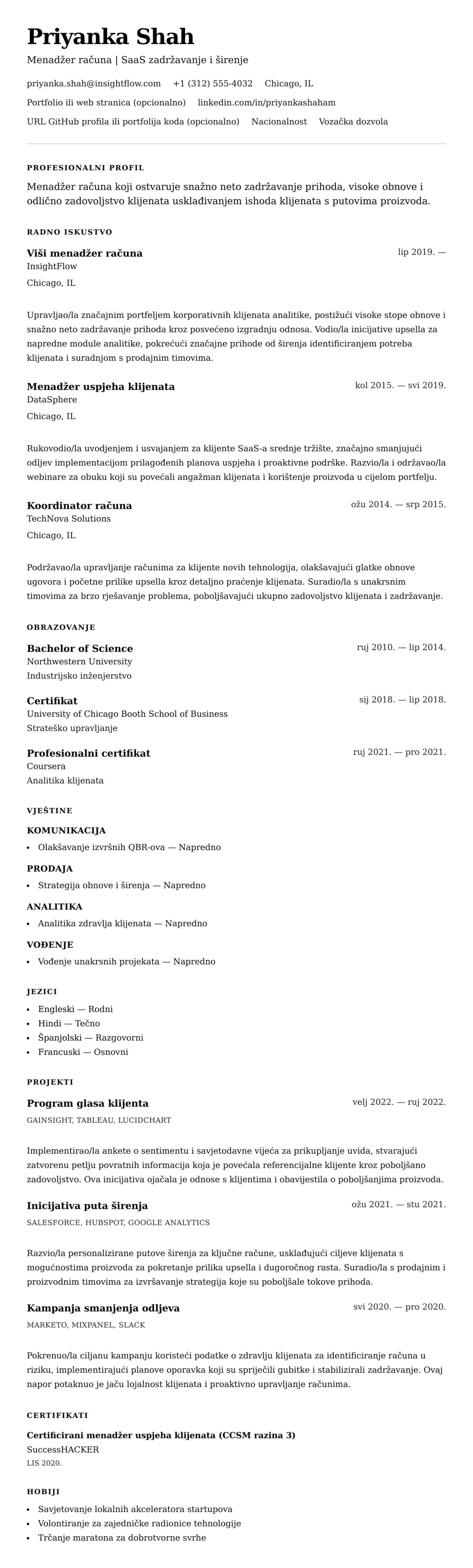 Pregled životopisa za Primjer životopisa za menadžera računa