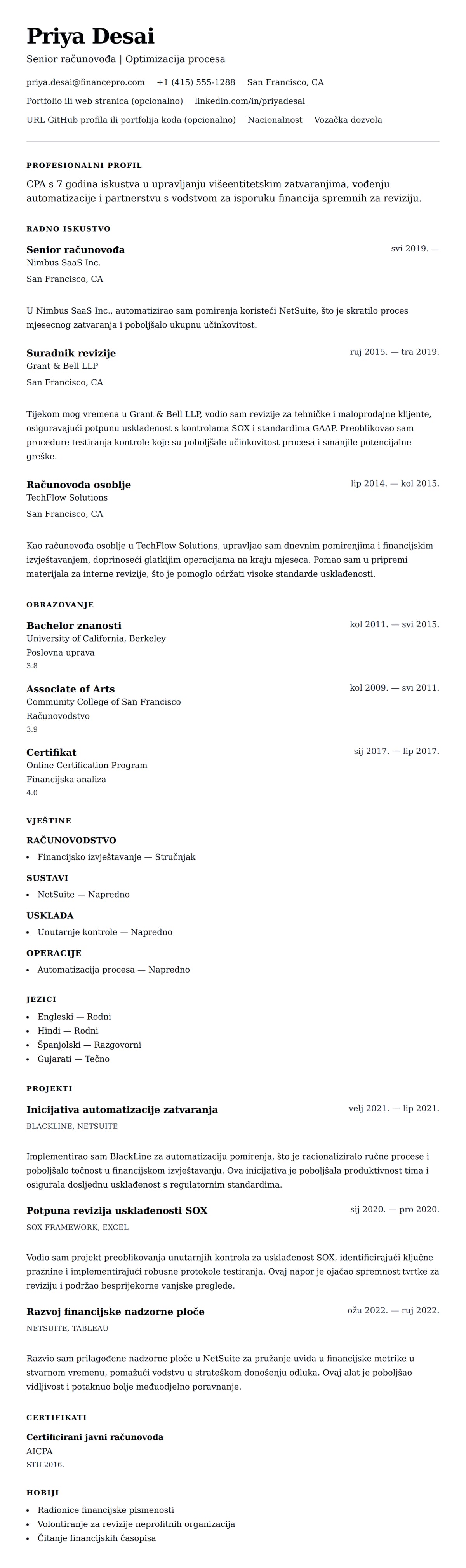 Pregled životopisa za Primjer životopisa računovođe