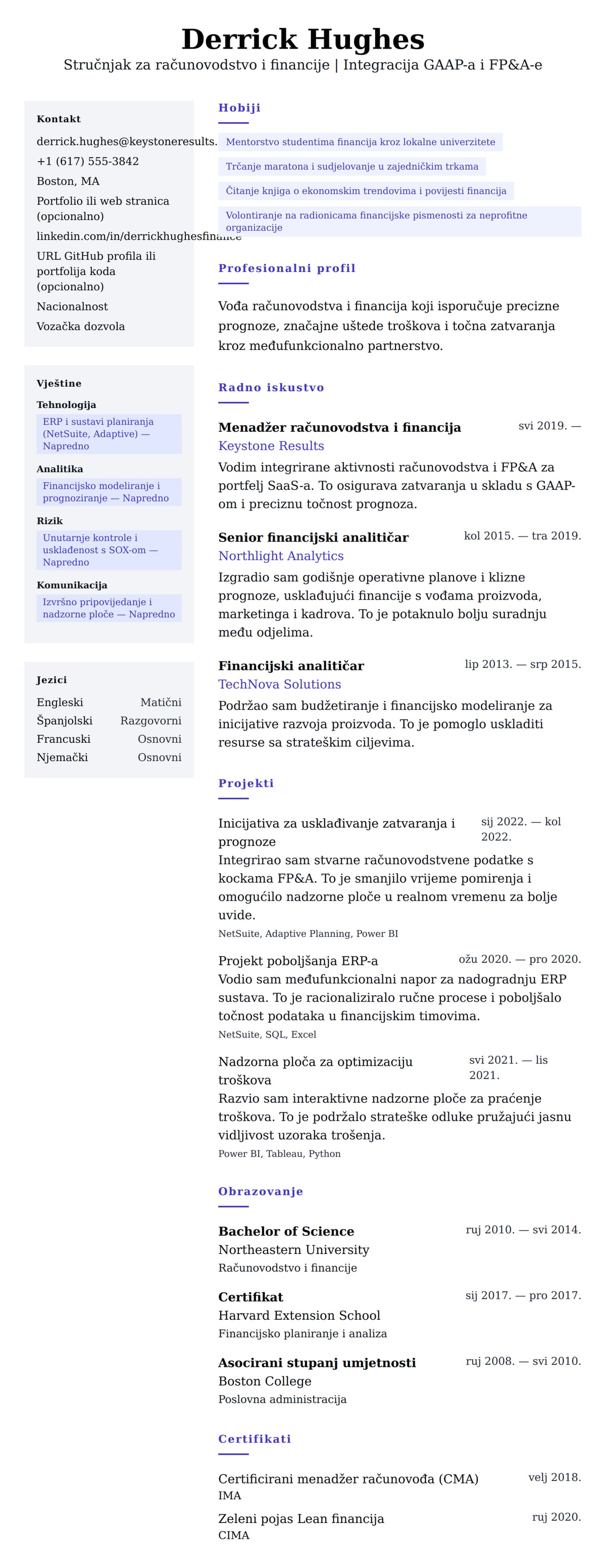 Pregled životopisa za Primjer rezumeja stručnjaka za računovodstvo i financije