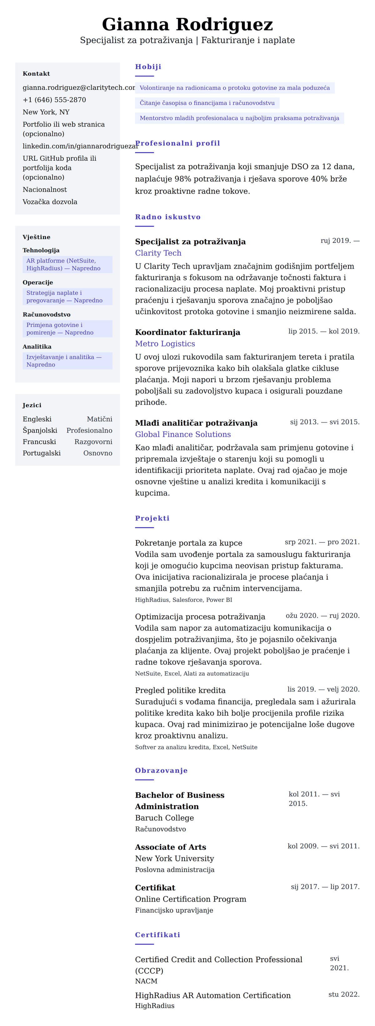 Pregled životopisa za Primjer životopisa specijalista za potraživanja