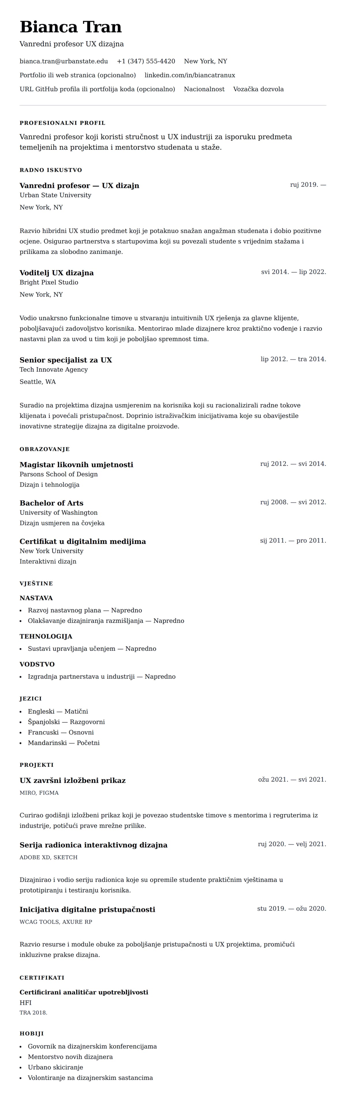 Pregled životopisa za Primjer životopisa vanrednog profesora