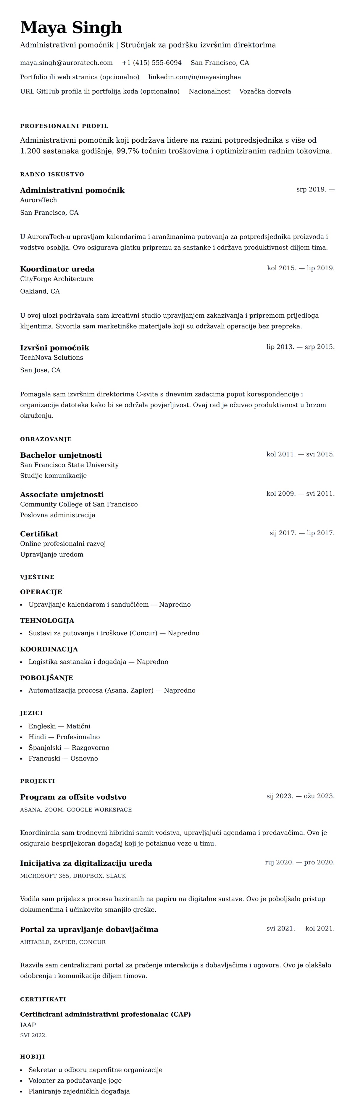 Pregled životopisa za Primjer životopisa za administrativnog pomoćnika