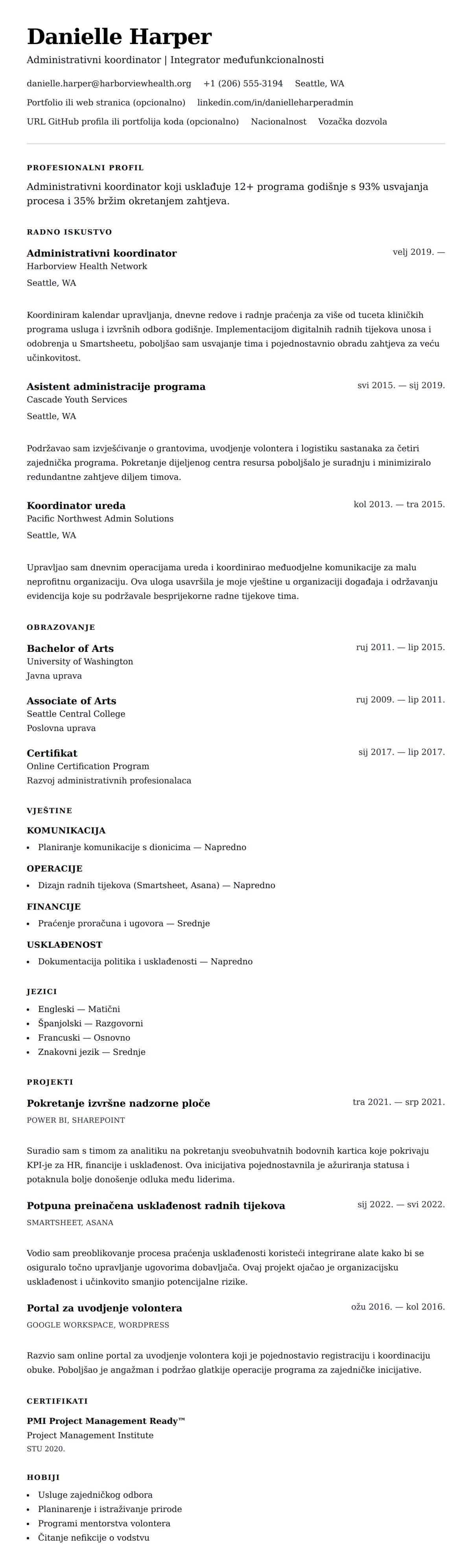 Pregled životopisa za Primjer životopisa administrativnog koordinatora