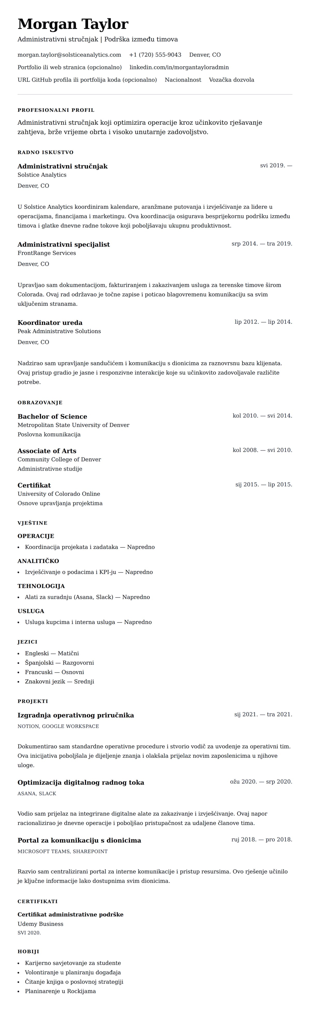 Pregled životopisa za Primjer životopisa administrativnog stručnjaka