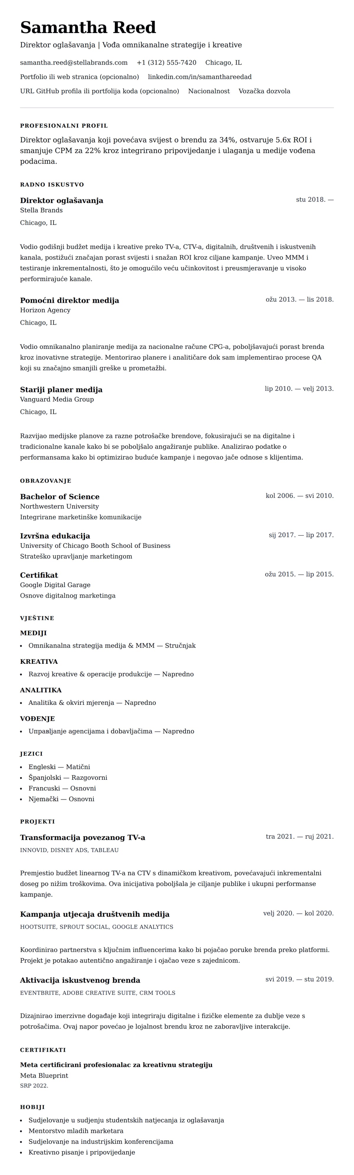 Pregled životopisa za Primjer životopisa za direktora oglašavanja