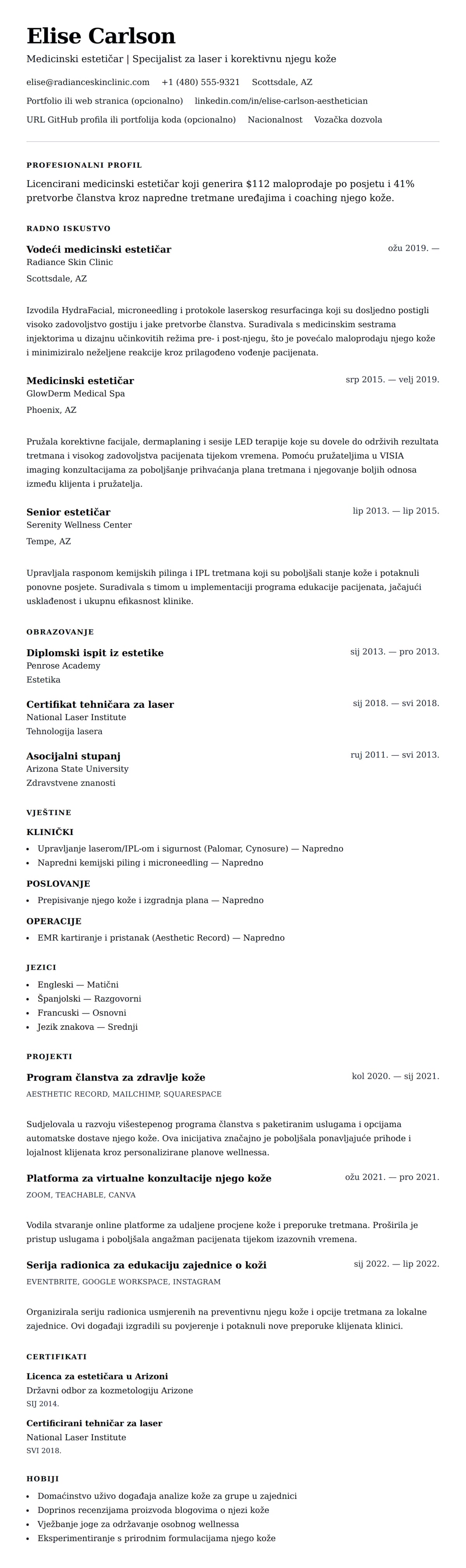 Pregled životopisa za Primjer životopisa medicinskog estetičara