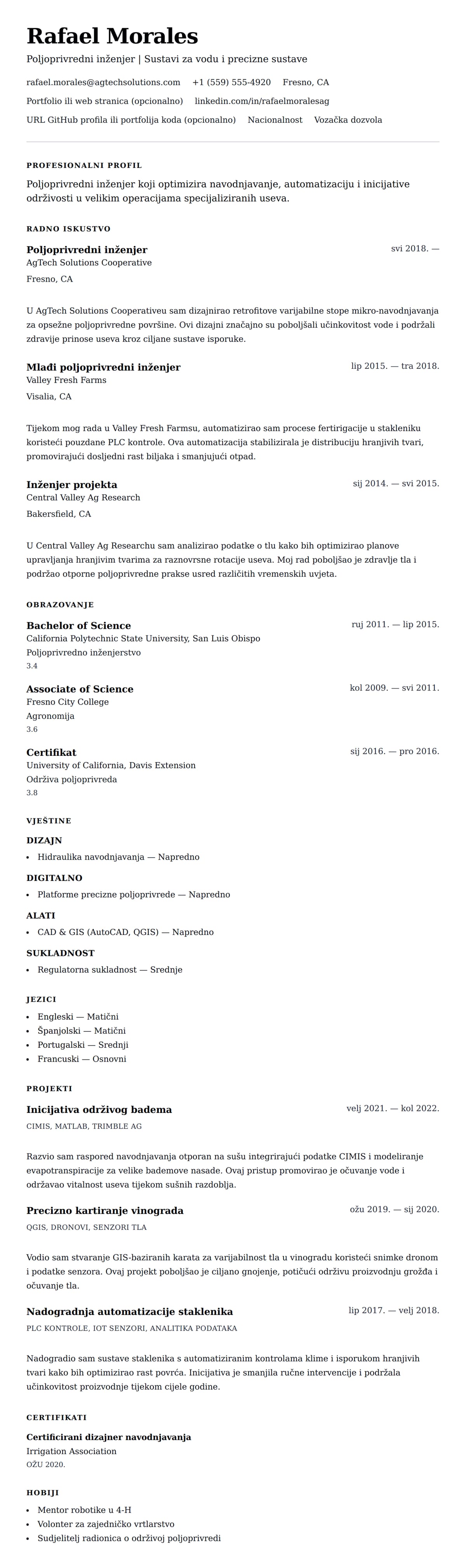 Pregled životopisa za Primjer životopisa poljoprivrednog inženjera