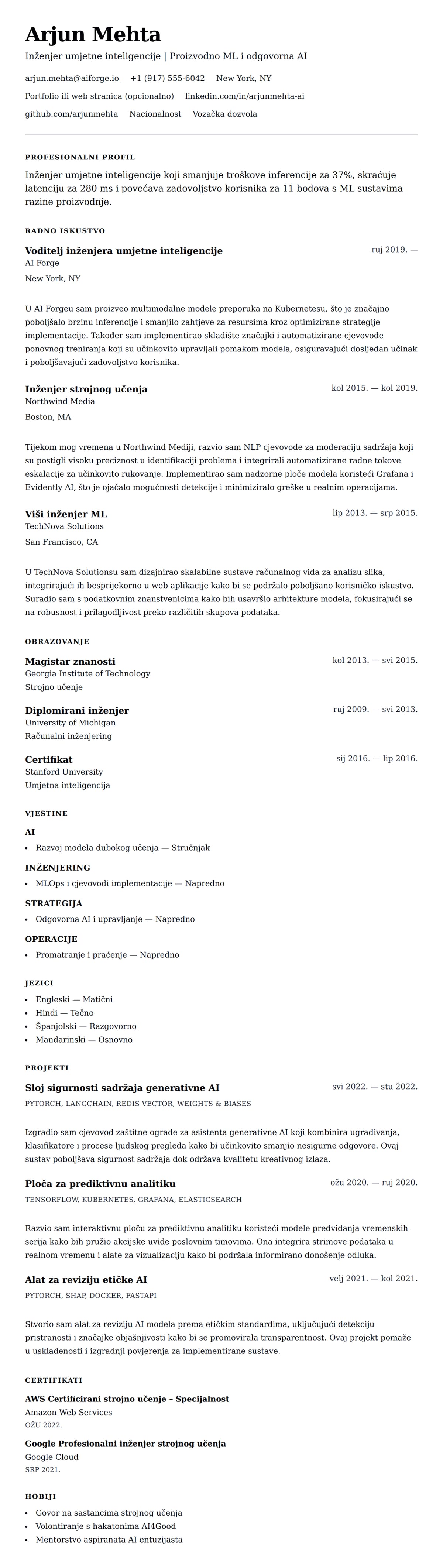 Pregled životopisa za Primjer rezimea za inženjera umjetne inteligencije